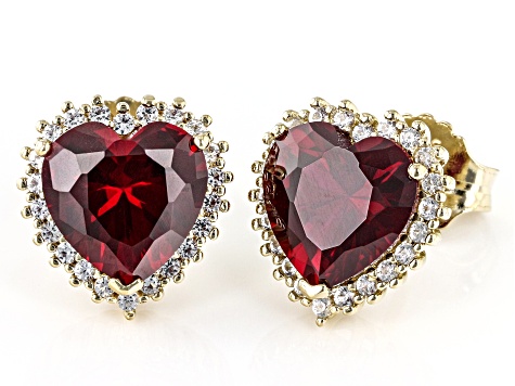 Red Lab Created Ruby 18k Yellow Gold Over Sterling Silver Heart Stud Earrings 5.20ctw