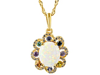 Multi Color Lab Created Opal 18k Yellow Gold Over Sterling Silver Pendant With Chain 0.80ctw