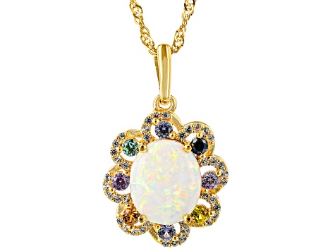 Multi Color Lab Created Opal 18k Yellow Gold Over Sterling Silver Pendant With Chain 0.80ctw