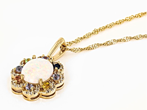 Multi Color Lab Created Opal 18k Yellow Gold Over Sterling Silver Pendant With Chain 0.80ctw