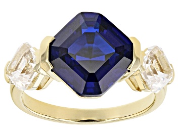 Picture of Blue Lab Created Spinel 18k Yellow Gold Over Sterling Silver 3-Stone Ring