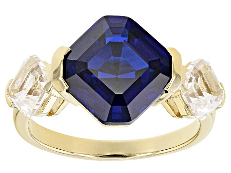 Blue Lab Created Spinel 18k Yellow Gold Over Sterling Silver 3-Stone Ring