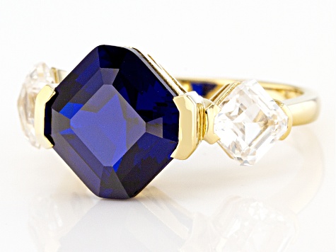 Blue Lab Created Spinel 18k Yellow Gold Over Sterling Silver 3-Stone Ring