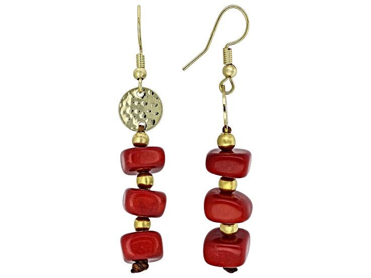 Artisan Collection of Ecuadorâ„¢ Red Tagua Nut Drop Gold Tone Earrings