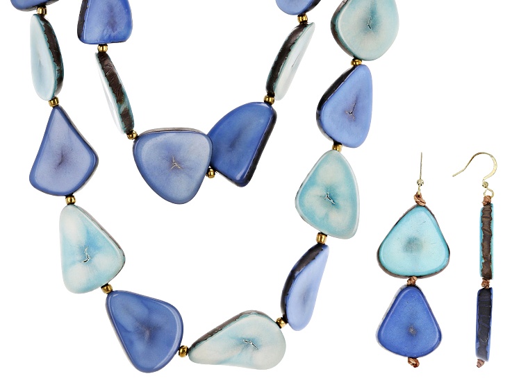 Artisan Collection of Ecuadorâ„¢ Multi-Blue Tagua Nut & Gold Tone 20-38" Adjustable Necklace/Earrings