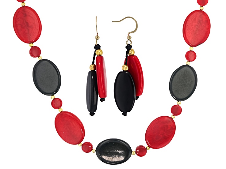Artisan Collection of Ecuadorâ„¢ Red & Black Tagua Nut 28-36" Adjustable Gold Tone Necklace & Earrings