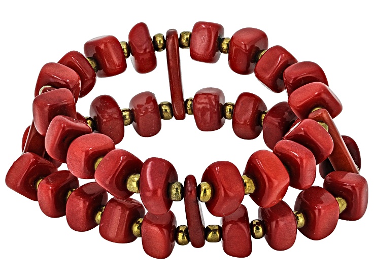 Artisan Collection of Ecuadorâ„¢ Red Tagua Nut & Gold Tone Bead Multi-Row Stretch Bracelet
