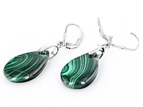 Green Malachite Rhodium Over Sterling Silver Dangle Earrings