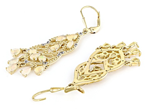 Multi Color Ethiopian With White Zircon 18K Yellow Gold Over Silver Chandelier Earrings 2.27ctw