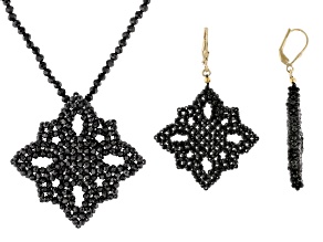 Black Spinel 18K Yellow Gold Over Sterling Silver Beaded Necklace and Earring Set 2.5-3mm