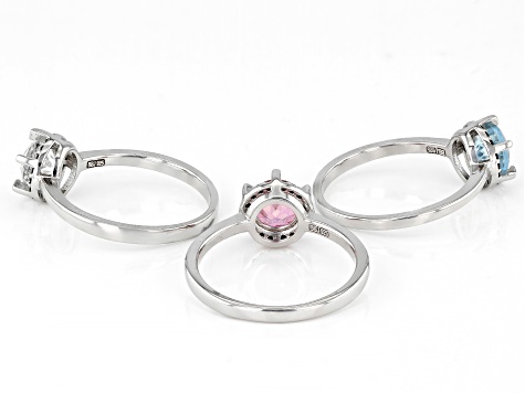 Sky Blue Glacier Topaz Rhodium Over Sterling Silver Set Of Three Rings 2.80ctw