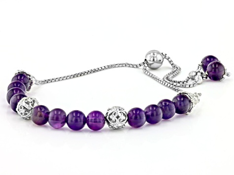 Round Amethyst Rhodium Over Sterling Silver Beaded Bolo Bracelet 5.5mm