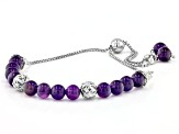 Round Amethyst Rhodium Over Sterling Silver Beaded Bolo Bracelet 5.5mm