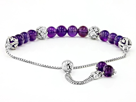 Round Amethyst Rhodium Over Sterling Silver Beaded Bolo Bracelet 5.5mm