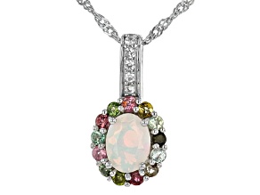 Multi-Color Opal Rhodium Over Sterling Silver Pendant With Chain 1.17ctw