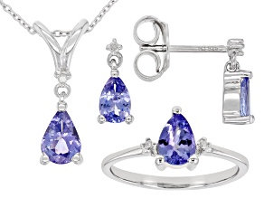 Blue Tanzanite Rhodium Over Silver Pendant Chain, Ring, Earrings Set 1.90ctw