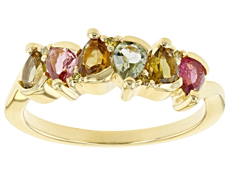 Multicolor Tourmaline And Yellow Diamond 18K Yellow Gold Over Sterling Silver Ring 0.86ctw