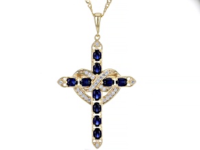 Blue Lab Created Sapphire 18k Yellow Over Silver Cross Pendant Chain 1.42ctw