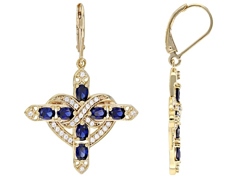 Blue Lab Created Sapphire 18K Yellow Gold Over Silver Cross Earrings 2.13ctw
