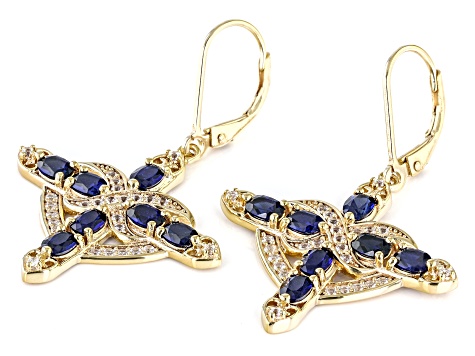 Blue Lab Created Sapphire 18K Yellow Gold Over Silver Cross Earrings 2.13ctw