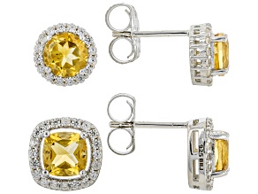 Yellow Citrine And White Zircon Rhodium Over Sterling Silver Stud Earrings Set Of 2 3.64ctw