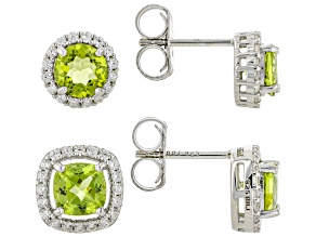 Peridot And White Zircon Rhodium Over Sterling Silver Stud Earrings Set Of 2 4.33ctw