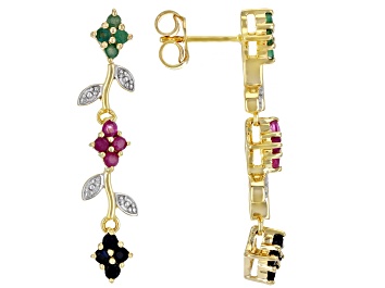 Picture of Multi-Color Mutli-Gemstone 18k Yellow Gold Over Sterling Silver Floral Earrings 1.04ctw