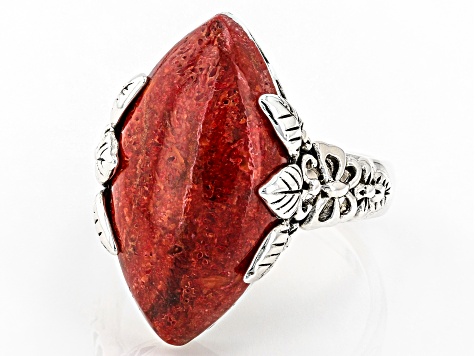 Red Sponge Coral Sterling Silver Ring 22x12mm