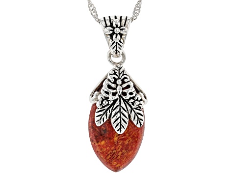 Red Sponge Coral Sterling Silver Pendant With Chain 21x12mm