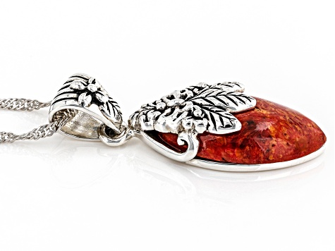 Red Sponge Coral Sterling Silver Pendant With Chain 21x12mm