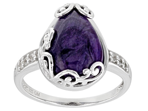 Purple Charoite Rhodium Over Sterling Silver Ring 0.11ctw