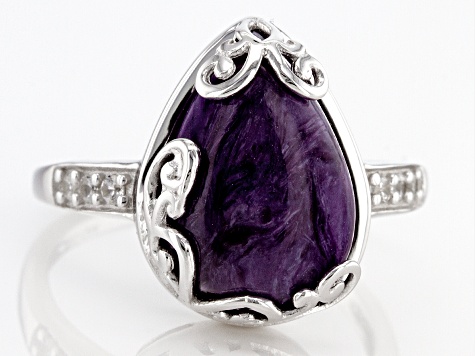 Purple Charoite Rhodium Over Sterling Silver Ring 0.11ctw