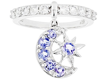 Picture of Blue Tanzanite Rhodium Over Silver Moon And Star Charm Ring 1.46ctw