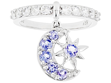 Blue Tanzanite Rhodium Over Silver Moon And Star Charm Ring 1.46ctw