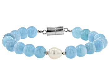 Picture of Blue Aquamarine Rhodium Over Sterling Silver Beaded Bracelet