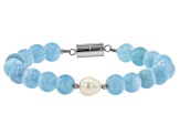 Blue Aquamarine Rhodium Over Sterling Silver Beaded Bracelet