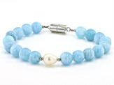 Blue Aquamarine Rhodium Over Sterling Silver Beaded Bracelet