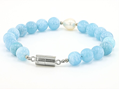 Blue Aquamarine Rhodium Over Sterling Silver Beaded Bracelet