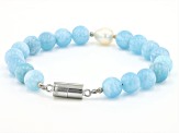 Blue Aquamarine Rhodium Over Sterling Silver Beaded Bracelet