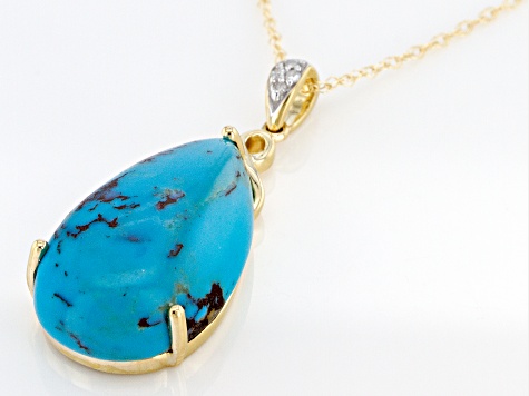 Blue Kingman Turquoise 10k Yellow Gold Pendant With Chain 0.01ctw