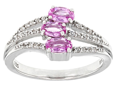 Pink Ceylon Sapphire & White Zircon Rhodium Over Silver Ring 0.95ctw
