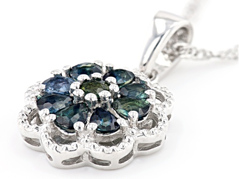 Ocean Sapphire™ Rhodium Over Silver Floral Pendant With 18" Chain 1.64ctw