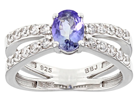 Ocean Tanzanite® and White Zircon Rhodium Over Silver Ring 1.25ctw