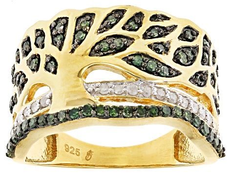 Green And White Diamond 14k Yellow Gold Over Sterling Silver Tree Band Ring  .50ctw