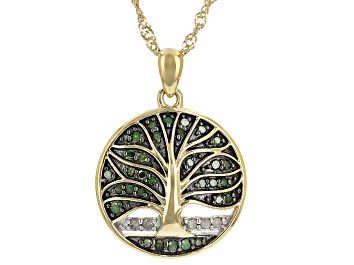 Picture of Green And White Diamond 14k Yellow Gold Over Sterling Silver Tree Pendant with 18" Chain 0.20ctw