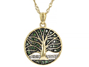 Green And White Diamond 14k Yellow Gold Over Sterling Silver Tree Pendant with 18" Chain 0.20ctw