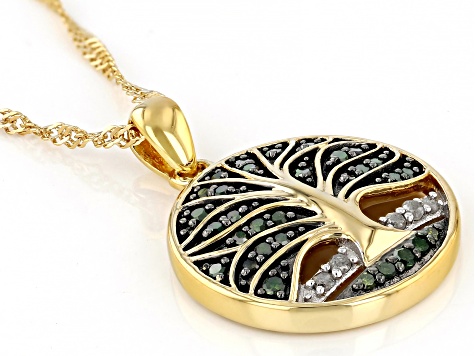 Green And White Diamond 14k Yellow Gold Over Sterling Silver Tree Pendant with 18" Chain 0.20ctw