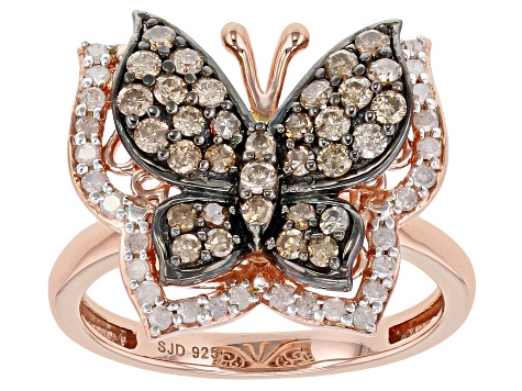 Champagne And White Diamond 14k Rose Gold Over Sterling Silver Butterfly Ring 0.75ctw