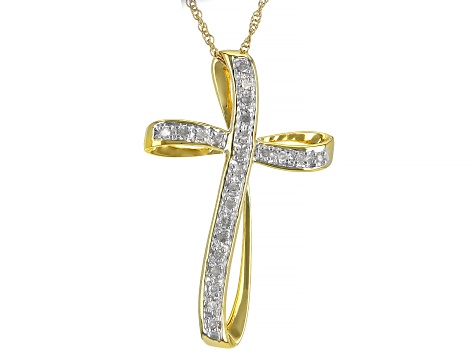 White Diamond 14K Yellow Gold Over Sterling Silver Cross Pendant With 18 Inch Rope Chain 0.18ctw