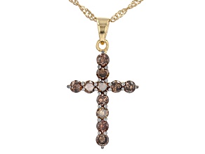Champagne Diamond 18k Yellow Gold Over Sterling Silver Cross Pendant 1.00ctw With 18" Chain